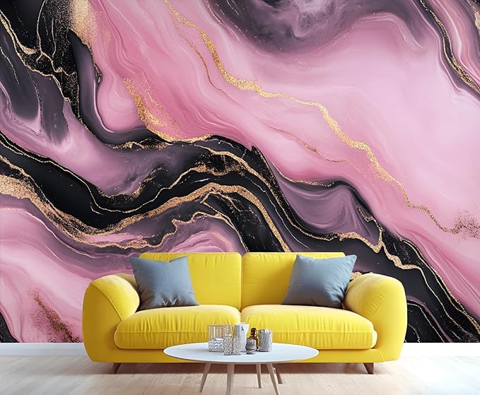 Pink Black Marble Wall Mural, Luxury Fluid Art 3D Wall Murals, Gold Vein Abstract Marble Wallpaper Mural, for Living Room Bedroom Large Wallpaper Indoor Decor 137.8" W x100 H