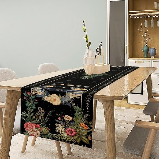Gothic Moth Table Runner, Boho Vintage Floral Gothic Sun Moon Phase Mystical Witchy Farmhouse Coffee Table Center Decor for Home Kitchen Dining Patio Holiday Party Table Decorations 13x90 inches
