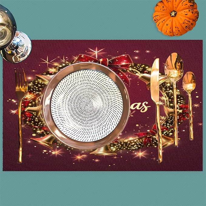 Xmas Christmas Bells Red Placemats Set of 1 PVC Vinyl Non Slip Table Mats Heat Resistant Place Mats Washable Wipeable Dining Table Mat for Kitchen Decor Party Indoor Outdoor Decorative Gift