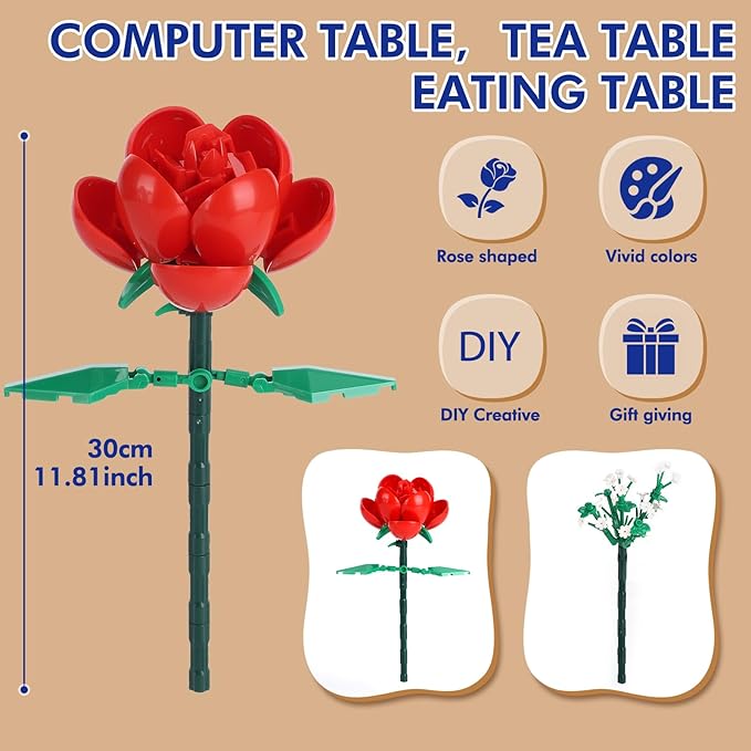 780 PCS Red Rose Building Flower Bouquet Kit for Adults & Kids, DIY Artificial Flowers Set for Home Decor, Desk Display, Gifts for Women, Girls (Red Rose)