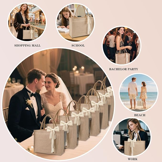 10pcs Burlap Tote Bag Set with Handles, Waterproof Reusable Blank Water Resistant Grocery Bags with Ribbon Large Jute Tote 15.4*6*12 In for Women Bridesmaid Gift Christmas Shopping Wedding Travel DIY
