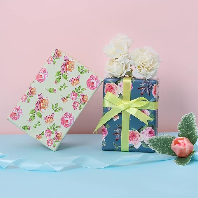 Aimyoo Ivory Floral Wrapping Paper Jumbo Roll 17 in x 60 ft, Vintage Peony Flower Gift Wrap for Wedding Bridal Shower Women Birthday