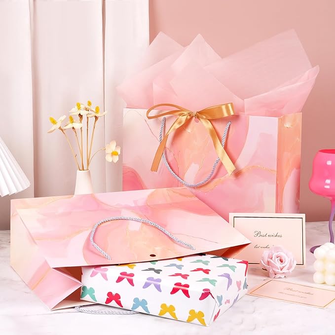 MAMUNU Pink Gift Bags, 2PCS 13” Large Gift Bags with Tissue Paper and Greeting Cards, Gift Bag with Handles Bow for Women Girls, Pink Gift Bags for Birthday Wedding Bridal Baby Shower Anniversaries