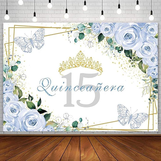 SENDY 8x6ft Quinceañera Backdrop Mis Quince 15 Anos Birthday Party Decoration Supplies for Girl Princess Blue Floral Butterfly Golden Crown Photography Background Banner Photo Booth Studio Props