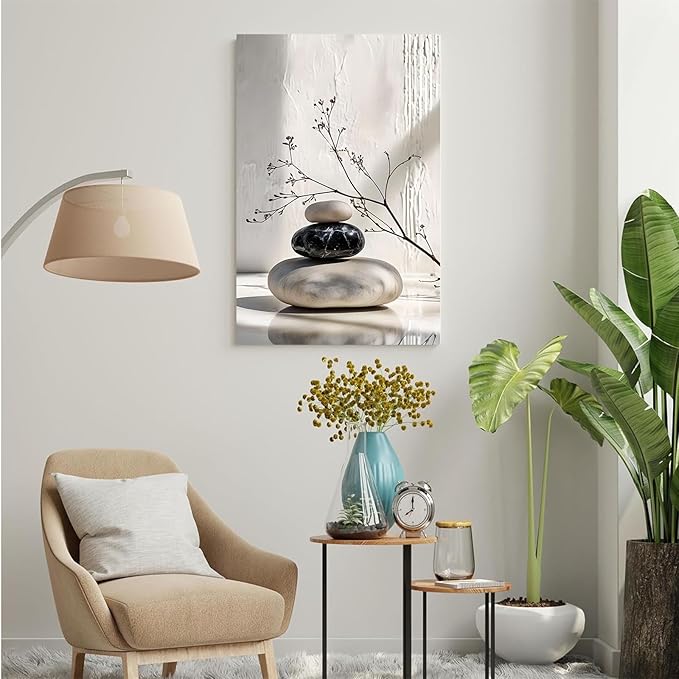 Gray and black stone pile and dried flowers poster canvas wall art in harmony Minimalist wall art for tranquil homes and mindful spaces 32x48in Frameless