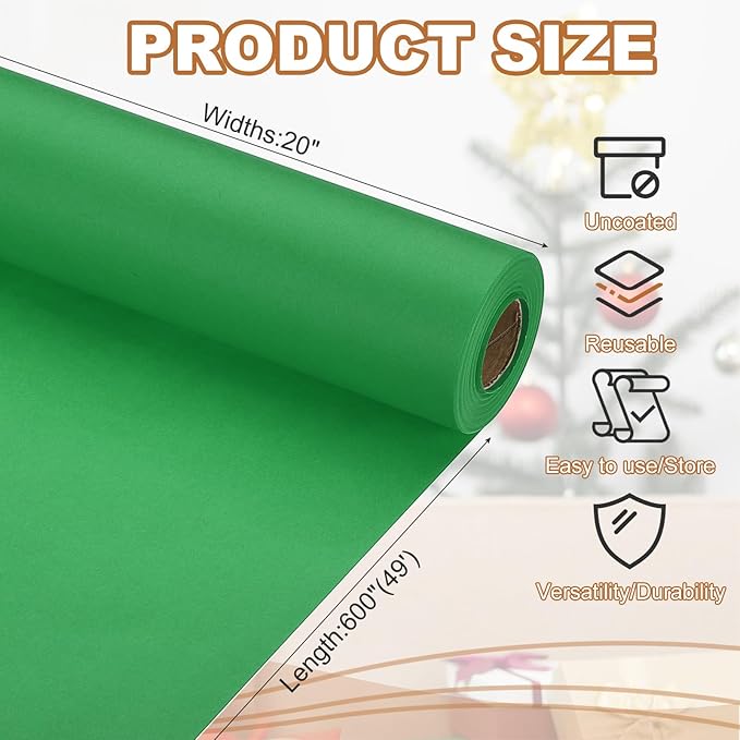 PATIKIL Wrapping Paper, 20" x 600"(49') 70 GSM Craft Paper Roll Kraft Packing Paper for Poster Bulletin Board, Gift Wrapping, Green