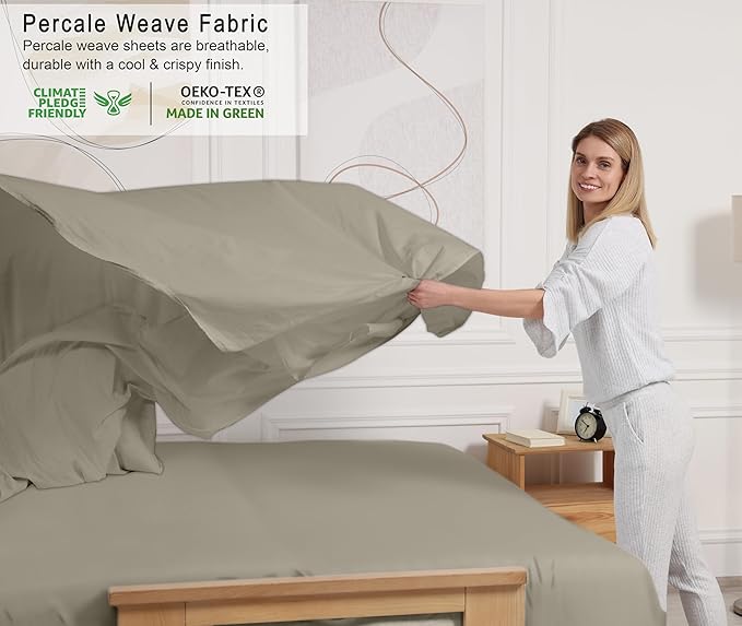 RUVANTI 100% Cotton Twin XL Sheet Sets, 3 Pieces, Soft & Breathable Percale Weave Bedding, Deep Pocket 16", Hotel Standard, Crisp Cool Feel, Durable, Perfect Size Dyed Sheets, Taupe