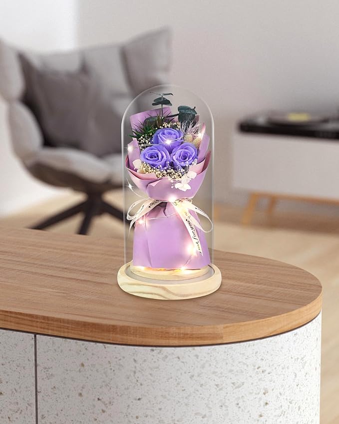 HVY Preserved Flower Bouquet Gift for Her,Forever Fresh Flowers for Delivery Prime Preserved Roses in Glass with LED Light Mothers Day Birthday Gifts for Mom,Wife,Grandma, Purple Rose
