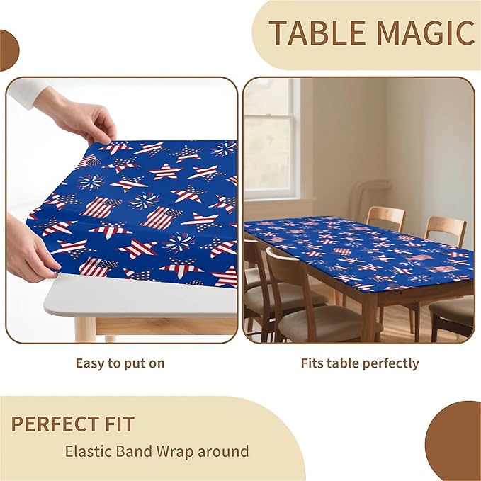 Rectangle Table Cloth Cover Waterproof Elastic Fitted Polyester Fitted Tablecloths for 4 Foot Tables for Indoor,Picnic, Camping, Outdoor （48" x 24"，American Flag）