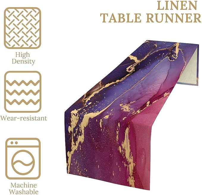 Purple Marble Table Runner Natural Abstract Luxury Ink Texture Gold Veins Red Printing Seasonal Dinner Runner Table Decoration for Farmhouse Home Kitchen Dining Holiday Party 13x90in