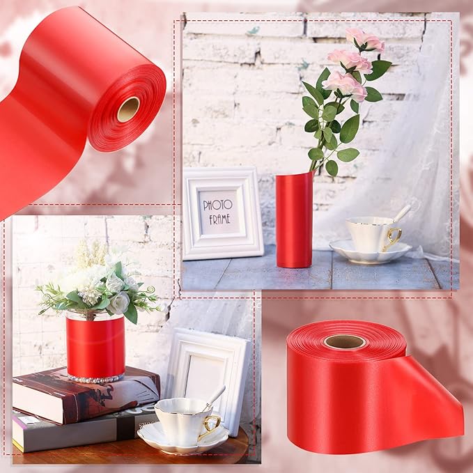 Syhood Outdoor Leaf Ribbon Floral Satin Ribbon for Crafts Aspidistra Waterproof Holiday Outdoor Decoration(4 Inch X 108 Yards,Red)