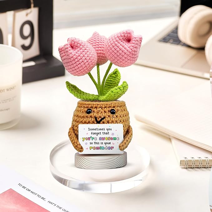 Gossby Handmade Positive Tulip Flower Crochet - Sometimes You Forget You're Awesome - Inspirational Gift for Women - Birthday, Appreciation, Positive Gift for Teacher, Mom, Friend, Coworker