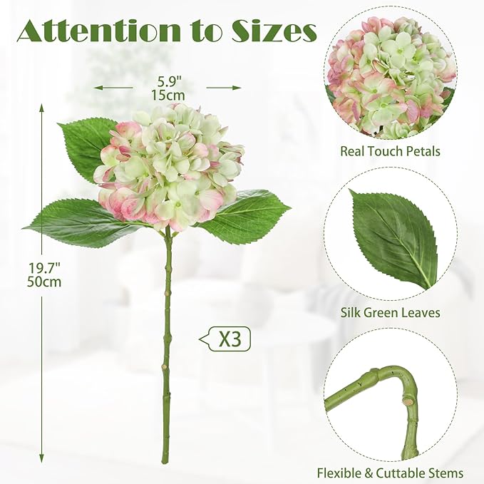Oairse 3Pcs Green Hydrangea Artificial Flowers 19.7 in Real Touch Faux Hydrangea Stems Silk Flowers with Stems Fake Green Flowers Bouquet for Floral Arrangements Table Centerpieces Wedding Home Decor