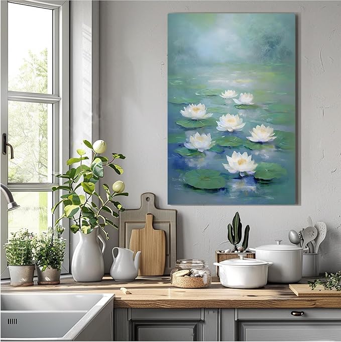 Zen wall art Delicate white lotus flower floating on calm water Vintage oil painting print Serene aquatic wall art creates a tranquil home decor 16x24in Wood Framed