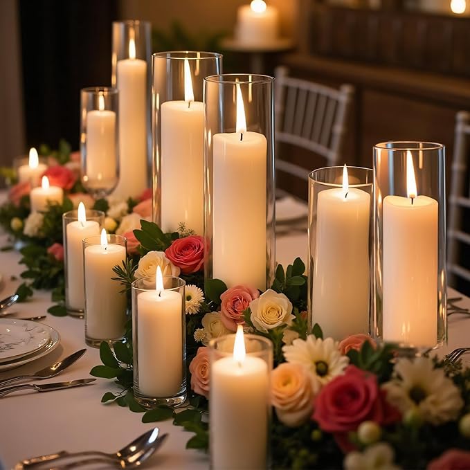 36 PCS Ivory White Pillar Candles with Glass Candle Holders Clear Hurricane Candle Holders Glass Cylinder Vases for Centerpieces Wedding Party, Event, Home Office (18 Candles+18 Candle Hoders)