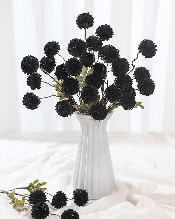 DuHouse 6pcs Black Flowers Faux Silk Pompon Mum,Silk Small Mini Chrysanthemum Ball with Stems for DIY Wedding Bouquets Centerpieces Vase Home Table Halloween Decorations(Black)