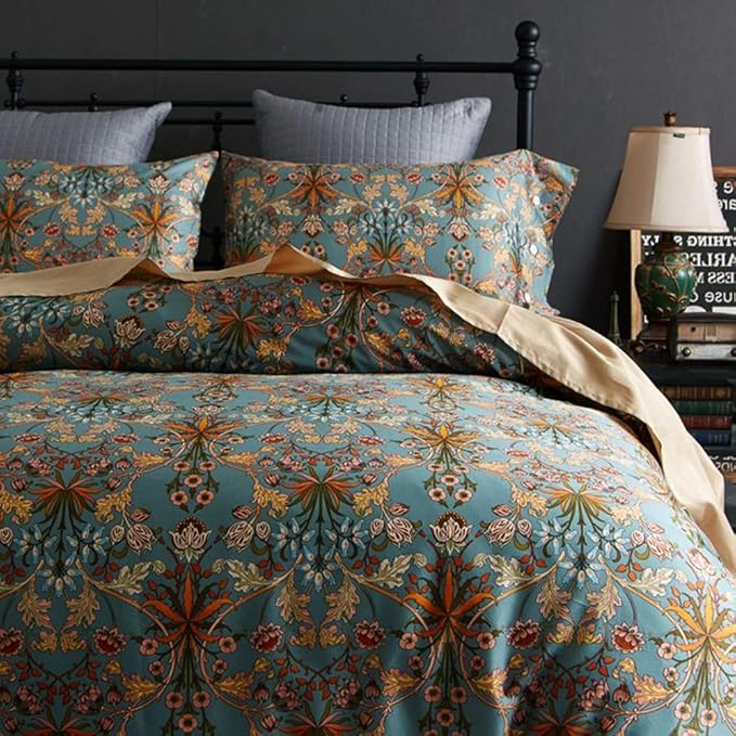 VM VOUGEMARKET Green Gold Duvet Cover Queen,Medallion Paisley Print Bedding Set 400 Thread Count Percale Cotton Vibrant Bohemian Pattern Quit Cover with Zipper Closure