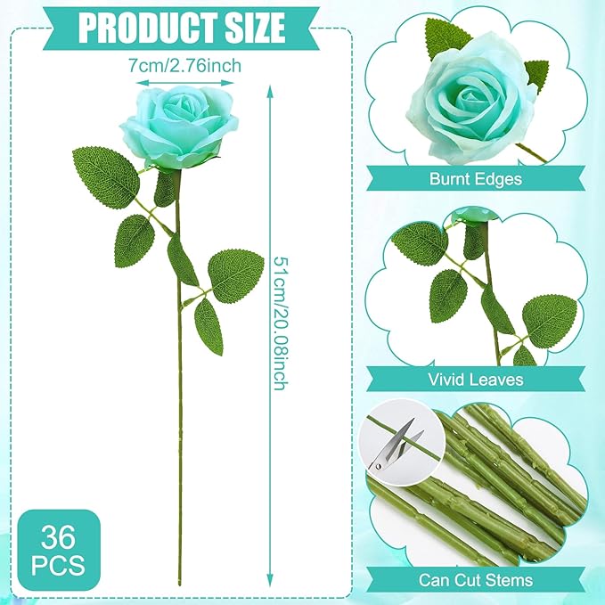 36 Pcs Turquoise Artificial Roses with Long Stems, Fake Silk Rose Artificial Flowers Bulk for Bridal Wedding Bouquet Centerpiece Ball Arrangement Party Decor