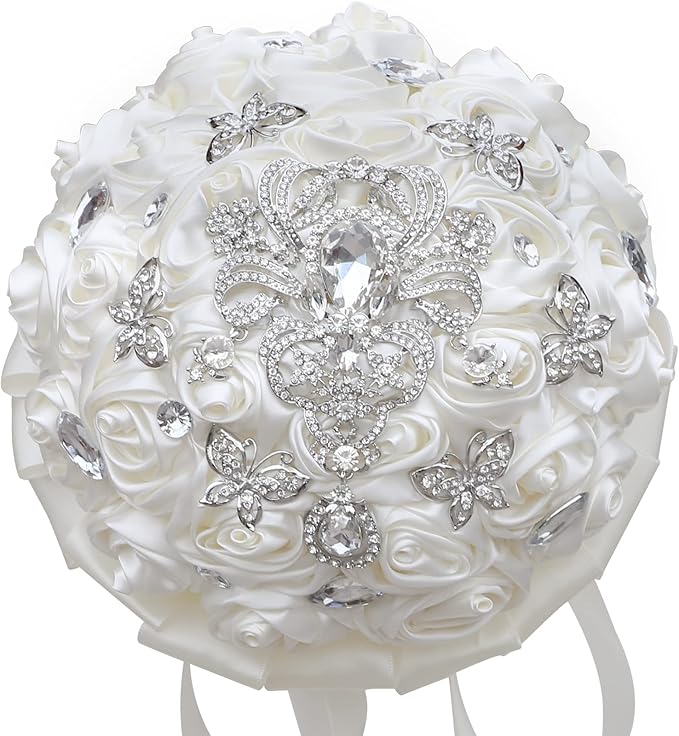 Handmade Brooch Wedding Flowers Bridal Bouquets Crystal Bride Holding Bouquet White Ivory Satin Roses with Diamond Pearl Ribbon (Luxury-White)