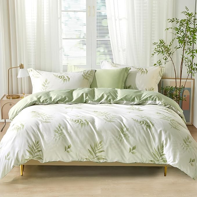 SAPHREAS Green Leaves Duvet Cover Set Full Size 3pcs Tropical Leaf Botanical Bedding Comforter Cover Set Cotton Soft Breathable 1 Duvet Cover 2 Pillow Shams, Comforter Not Included