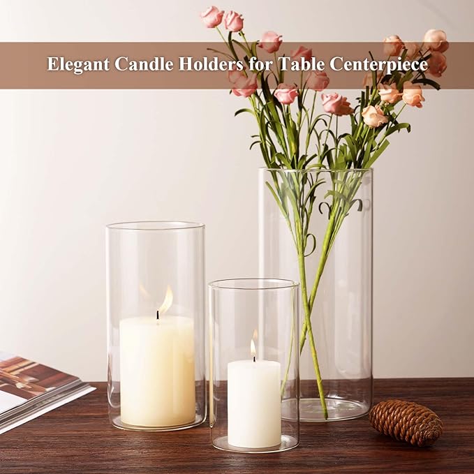 Hurricane Glass Candle Holder Clear Cylinder Vases, Pillar Candle Holders for Floating Candles Table Centerpiece Modern Vases for Weeding Centerpieces Decoration Party Home Decor (1 Set, S+M+L)