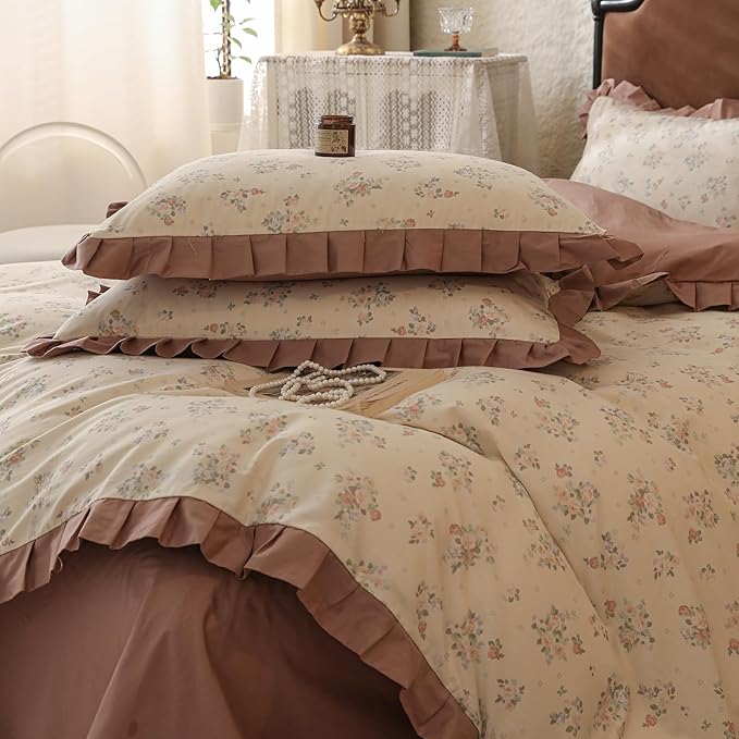 LifeTB Vintage Flower Duvet Cover Set Queen Romantic Girls Ruffle Comforter Cover Princess Lace Bedding Set 100% Cotton Girls Floral Duvet Cover with 2 Pillowcases Botanical Cottagecore Bedding Set