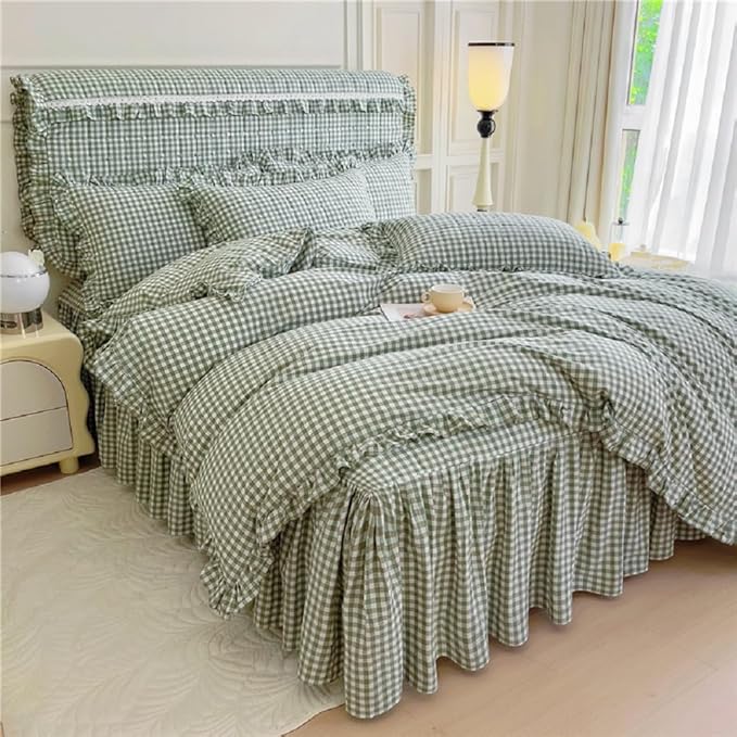 LifeTB Twin XL Comforter Set Green Gingham Comforter for Men Boys Ruffle Plaid Comforter Set Checkered Grid Bed Comforter with 2 Pillowcases Fluffy Soft Vintage Plaid Gingham Bedding Set Twin XL