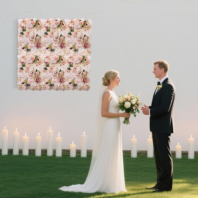 Pink Yellow Flower Wall Panels, Artificial Peony Rose Backdrop, 6Pcs 3D Silk Floral Panels for Wedding Decor, Party Background, Home Wall Decoration (40x60cm)