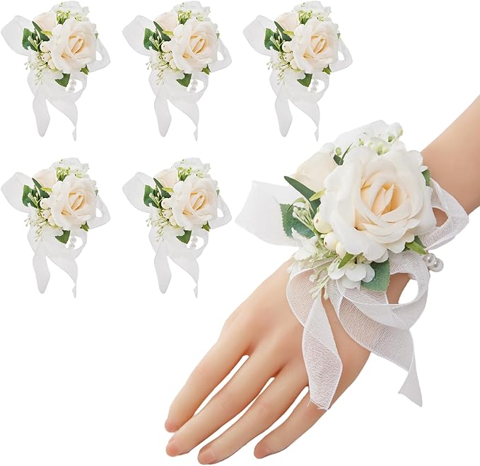 Meldel Champagne Wrist Corsage for Bride Bridesmaid Wedding,Set of 6, Romantic Artificial Rose Pearls Wristband Wrist Flower for Bridal Shower Ceremony Prom Party, Mother and Grand Mother Wrist Flower