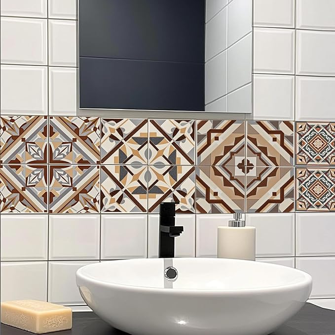 CHGCRAFT 36 Pcs 4 Style Wall Stickers Beige Geometric Peel and Stick Wall Tile Sticker Retro Texture Pattern Waterproof Self Adhesive Stick on Tile Decals for Kitchen Bathroom Art Decor, 4×4 Inch