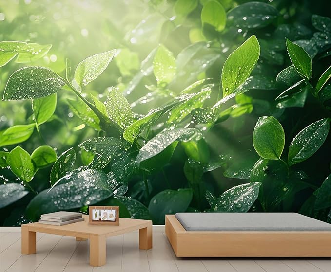 Dewdrops Green Leaf Wall Mural, Botanical Forest Sunlight 3D Wall Murals, Refreshing Nature Wallpaper Mural, for Living Room Bedroom Large Wallpaper Indoor Decor 78.7" W x55.1 H