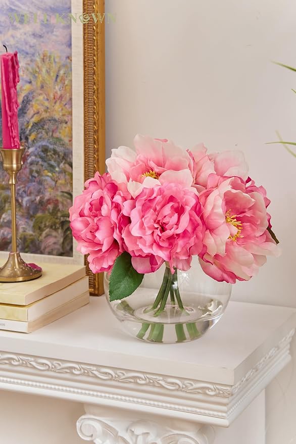 Artificial Flowers in Vase, Silk Peonies Bouquet for Vase with Faux Water, Fake Peony Flower Arrangement for Home Wedding Birthday Party Dining Table Centerpiece New Year Decor Mom's Gift (Pink)