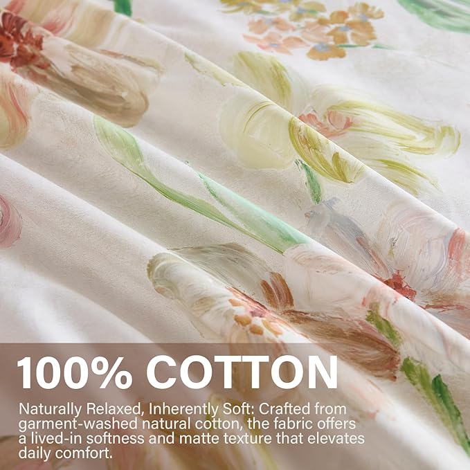 100% Cotton Duvet Cover Set Queen Size – Pink Watercolor Floral Bedding with Zipper Closure, 3-Piece Silky Soft Botanical Comforter Cover with 2 Pillowcases