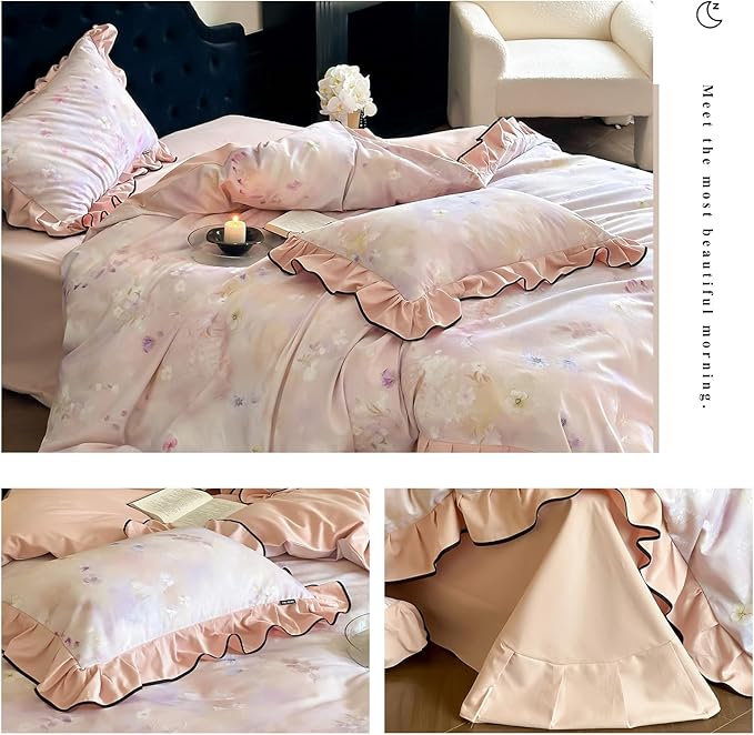 HighBuy Farmhouse Floral Ruffle Duvet Cover Set Twin Pink Ruffle Brushed Cotton Bedding with Zipper Closure,Shabby Vintage Bedding Set for Hot Sleepers - 1 Duvet Cover and 2 Pillowcases