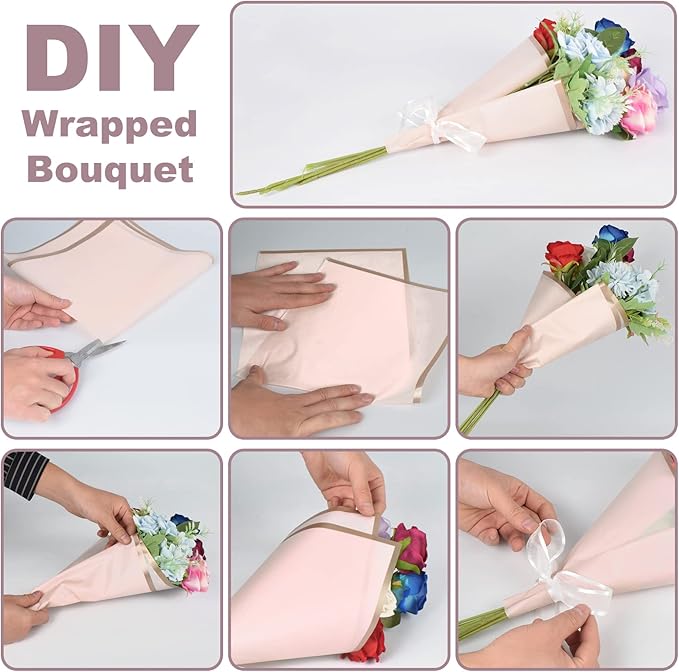 Kosotody 20 Sheets Flower Wrapping Paper Waterproof Florist Bouquet with Ribbon for Bouquets DIY Crafts Packaging Bouquet, 22.8x22.8 inch (Pink)