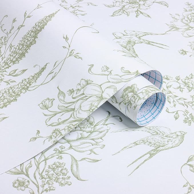 Floral Birds Wallpaper Peel and Stick Green and White Contact Paper 16.9”x 118.1”Vintage Floral Self Adhesive Removable Wallpaper Green Flower Contact Paper for Bathroom Kitchen Decor