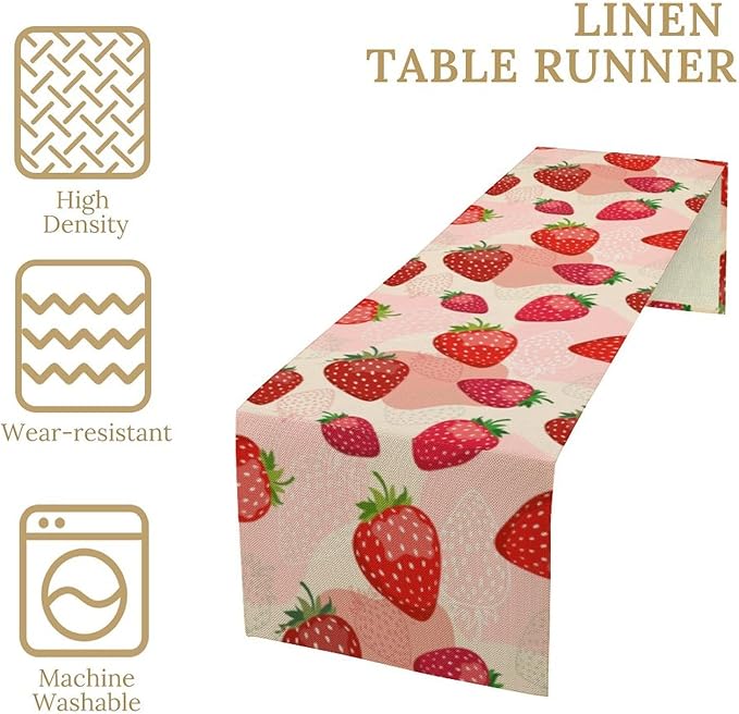 Strawberry Table Runner, Spring Summer Fruit Birthday Party Decoration Dining Room Home Kitchen Table Decor 13 x 60In