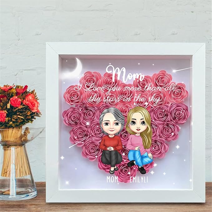 Personalized Mom Flower Shadow Box Custom Heart Shaped Rose Flower Shadow Box Frame My Favorite Children Gave Me This Mother's Day Portrait Shadowbox Memory Gifts for Mom from Daughter Birthday