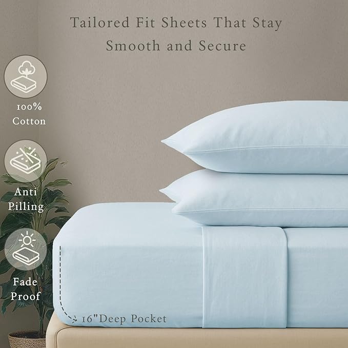 Threadmill Cotton Full Size Sheet Set, Deep Pocket, Fade Resistance, 500 Thread Count, Solid 4-Piece Bed Sheets for Full Size Mattress (1 Flat, 1 Fitted Sheet, 2 Pillow Covers), Light Blue