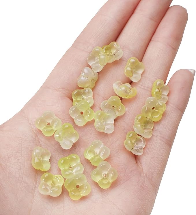100PCS Glass Flower Beads for Jewelry Making 4 Petal Flower Bead Caps Gradient Cute Floral Beads Aesthetic Charms for Necklace Bracelets Earrings DIY Craft Home Decoration-Green