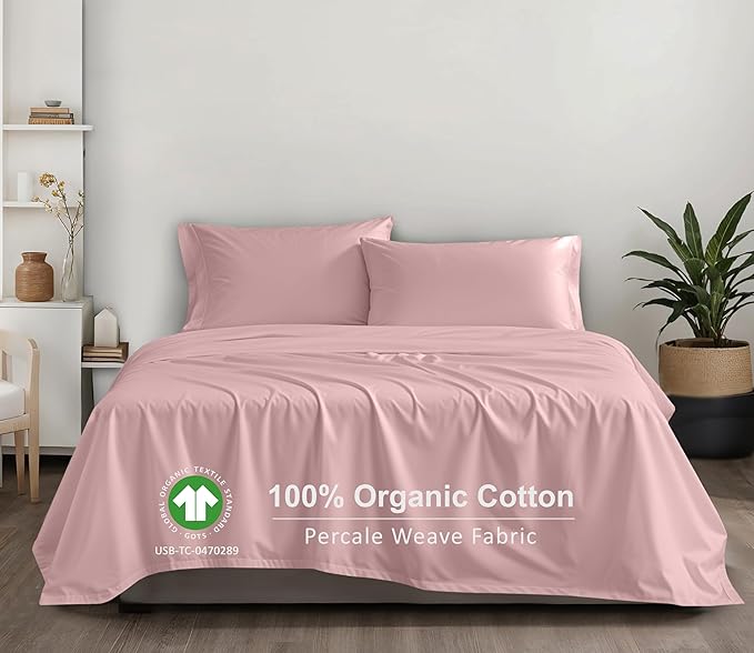 RUVANTI 100% Organic Cotton Sheets Full Size, Percale Weave, GOTS Certified, 4-Piece Set, Deep Pocket 15", Crisp & Breathable, Soft Durable Bedding, Sábanas Algodón Orgánico – Peach Skin