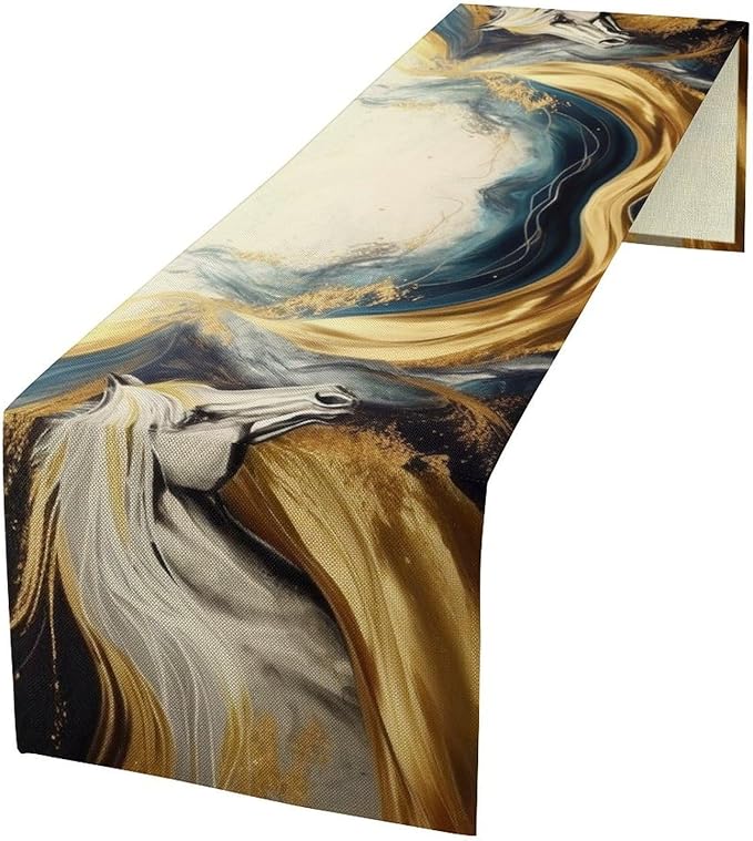 Marble Horse Table Runner, Dark Green Brown Marble Abstract White Horses Gold Natural Texture Dinner Runner Table Decoration for Home Kitchen Dining Holiday Party 13x36in