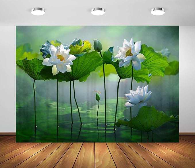 BELECO 7x5ft Fabric Lotus Flower Backdrop Lotus Garden Blooming White Lotus Flowers Pond Background Wall Decor Photo Booth Shoot Studio Props Wallpaper
