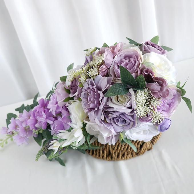 Bridal Bouquets for Wedding, Cascading Bouquets for Bride Lilac Purple Rose Artificial Bridal Bouquet for Wedding Anniversary Ceremony Bridal Shower Party Church Decoration