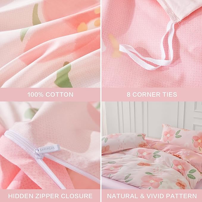 SAPHREAS Pink Floral Duvet Cover Set Full Size Blossom Flower Printed Bedding Comforter Cover Set 100% Cotton 1 Duvet Cover 90"x80" 2 Pillow Shams, Comforter Not Included
