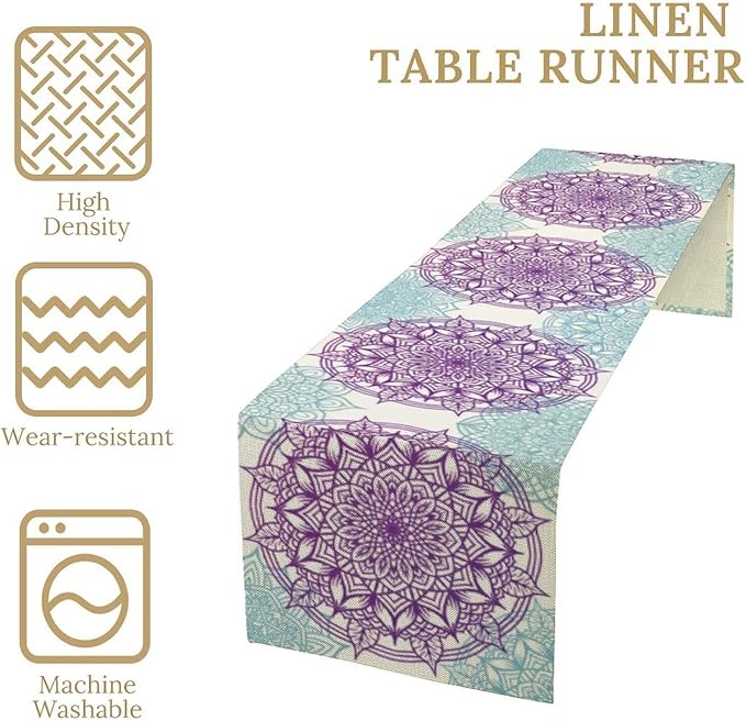 Boho Mandala Table Runner, Purple Blue Bohemian Floral Table Decor Runner for Kitchen Dining Indoor Outdoor Party Decoration, 13x36 Inch