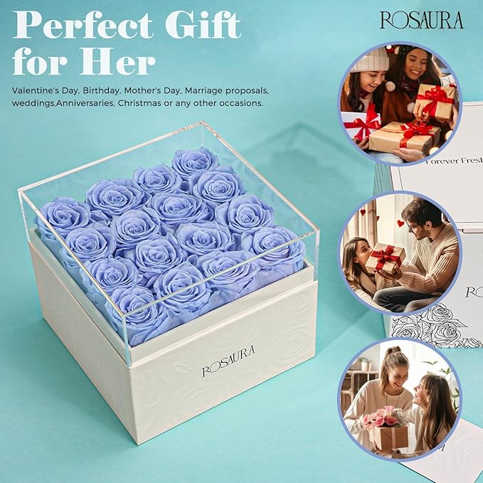 Rosaura Square Preserved Roses Gift Box - Real Forever Flowers in Clear Acrylic Lid, Valentine's for Women (Sky Blue, 16 Roses)