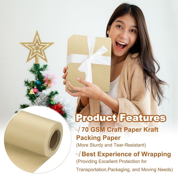 PATIKIL Wrapping Paper, 15" x 394"(33') 70 GSM Craft Paper Roll Kraft Packing Paper for Poster Bulletin Board, Gift Wrapping, Brown