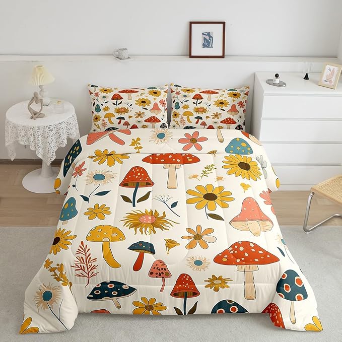 Castle Fairy Retro Mushroom Flowers Comforter Set Twin Size,70s 60s Groovy Quilt Set for Kids Boys Bedroom Collection,Vintage Boho Plant Floral Polyester Bedding with 1 Pillowcase,2Pcs