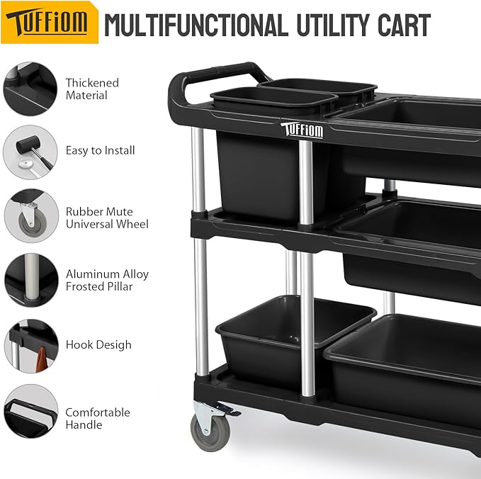 TUFFIOM 3-Tier Plastic Service Storage Utility Cart with Wheels, Heavy Duty Multi-Function Mobile Shelving Unit Organizer, Ideal for Restaurant, Foodservice, Office, Warehouse, Black